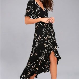 Wild Winds Black Floral Print High-Low Wrap Dress